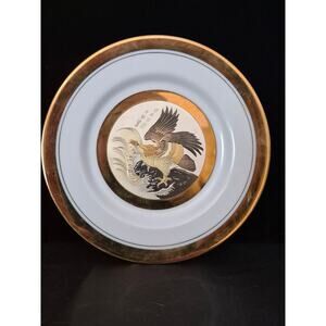 Art of Chokin 6” Porcelain Plate 24K Gold Edge Made in Japan eagle in tree